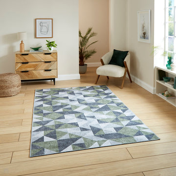 Washable Coral H1057 Modern Geometric Lightweight Printed Polyester Flatweave Green/Grey Rug-Think Rugs-Rug Love - The Most Loved Rug Store